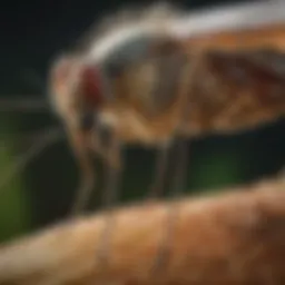 A close-up view of a mosquito resting on a leaf, illustrating its natural habitat.