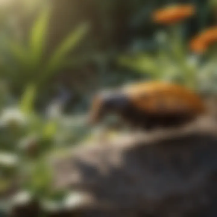 A vibrant garden with beneficial insects that help manage flea populations naturally.