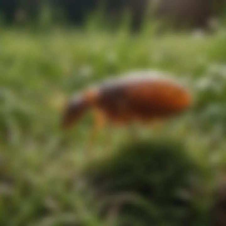 A close-up of flea eggs and larvae in a grassy area.