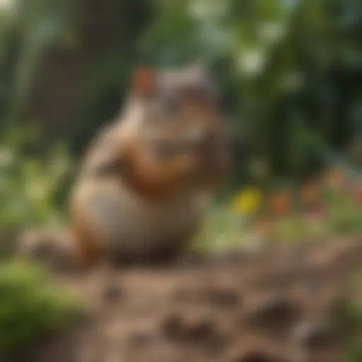 A chipmunk foraging in a garden, showcasing its natural behavior.