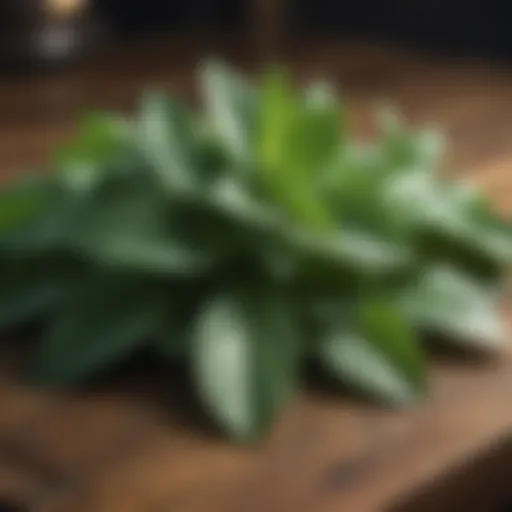 Fresh peppermint leaves arranged on a wooden table