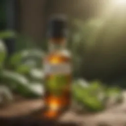 Peppermint oil bottle in a natural setting