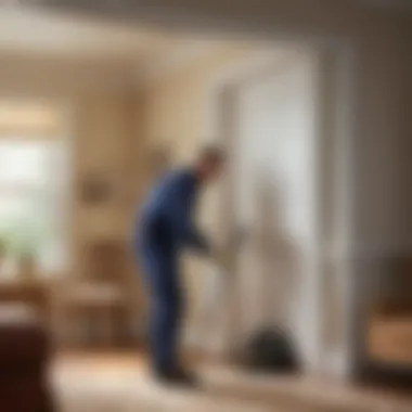 A professional pest control technician inspecting a home