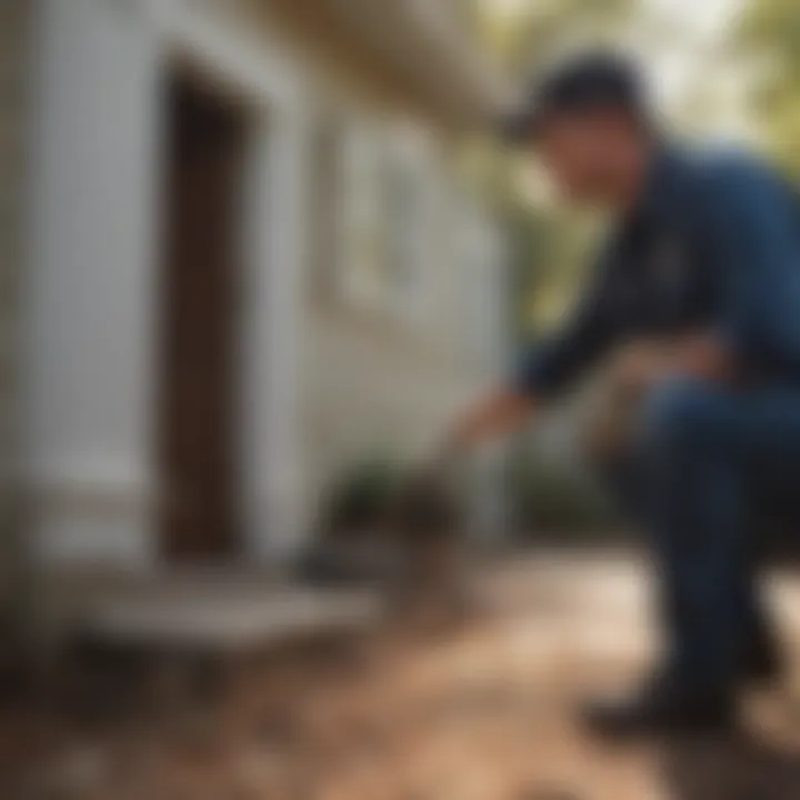 A professional pest control technician inspecting a residential property.