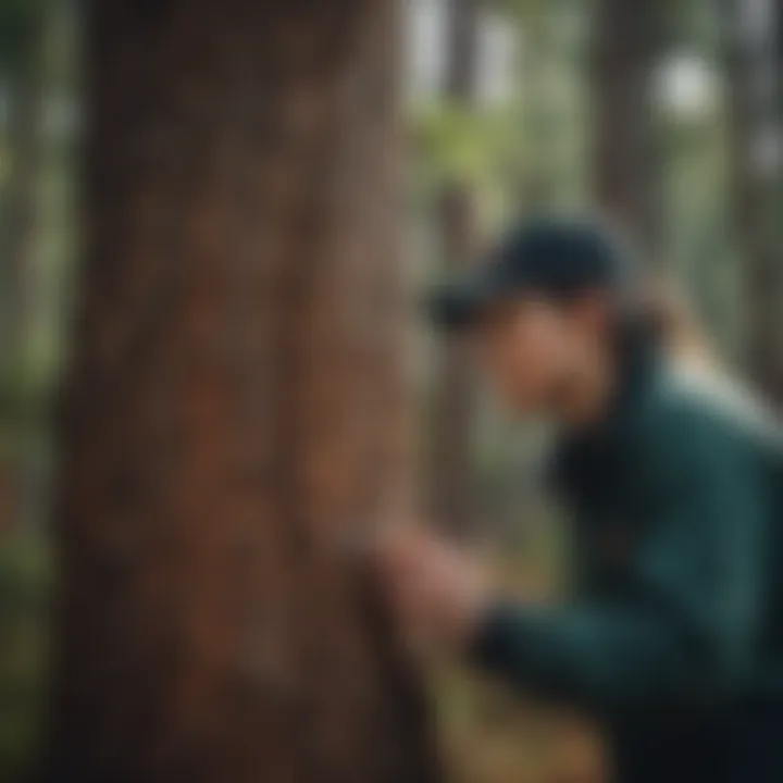 Ecologist examining a pine tree for pest signs