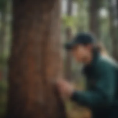 Ecologist Inspecting Pine Tree Ecologist examining a pine tree for pest signs