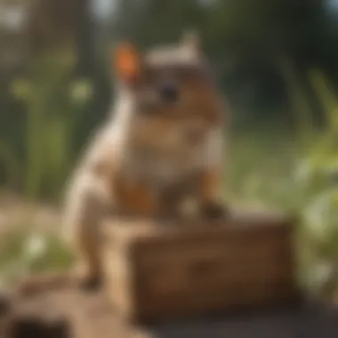 A close-up view of a chipmunk examining a trap.