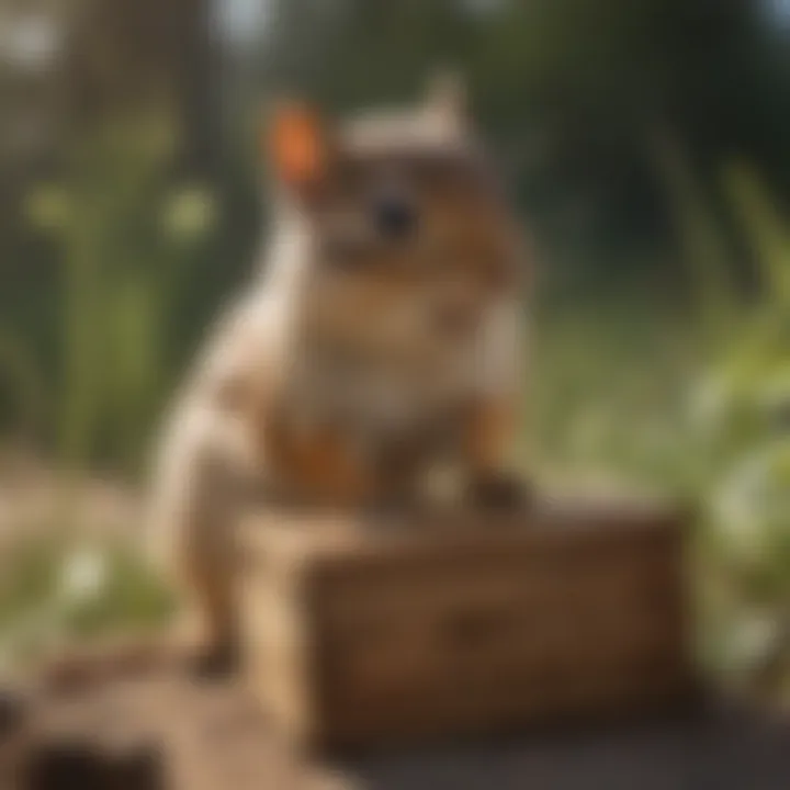 A close-up view of a chipmunk examining a trap.