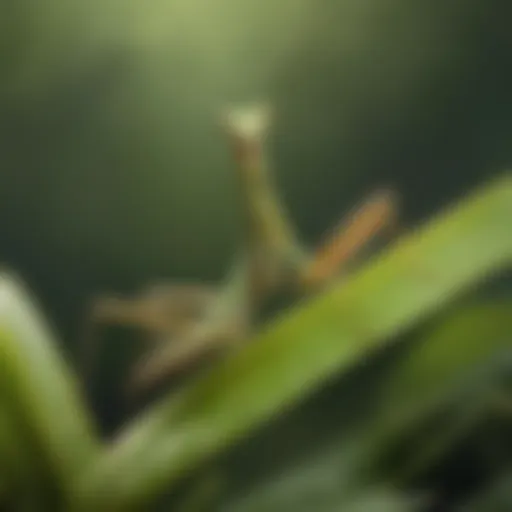 A close-up of a praying mantis perched on a green leaf