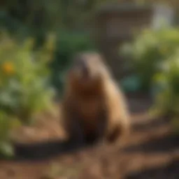 Groundhog in a garden eating plants