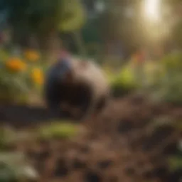 A serene garden landscape highlighting mole activity