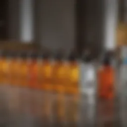 A close-up of various ant spray bottles arranged on a table.