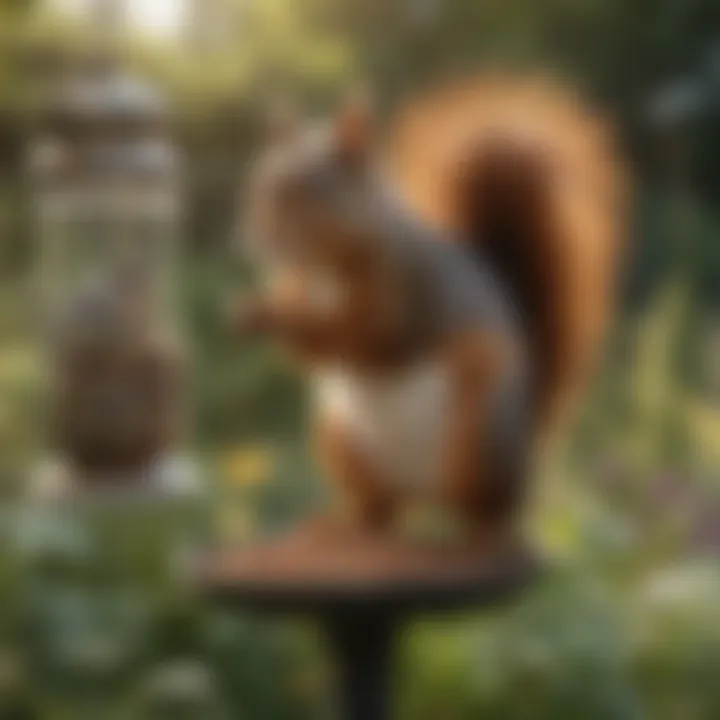 Squirrel in a garden interacting with bird feeders