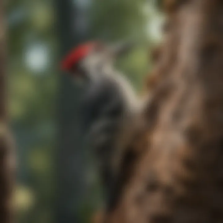 A woodpecker pecking on a tree trunk