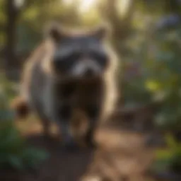 Raccoon in a garden exploring