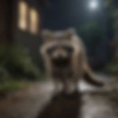 Raccoon exploring a backyard at night