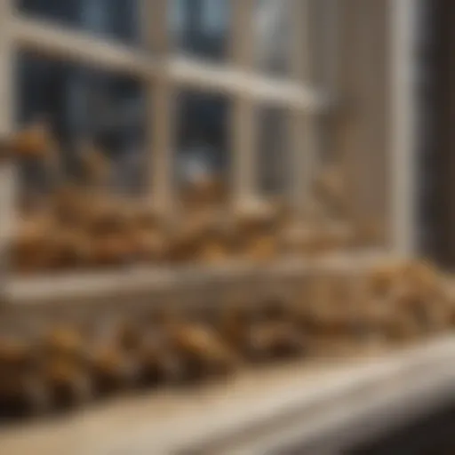 A close-up view of bees clustered near a window, illustrating their attraction to indoor environments.