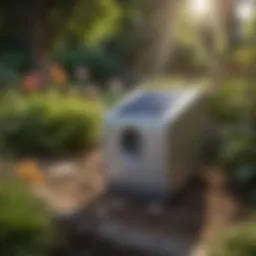 Illustration of T Box solar ultrasonic mole repellent in a garden setting