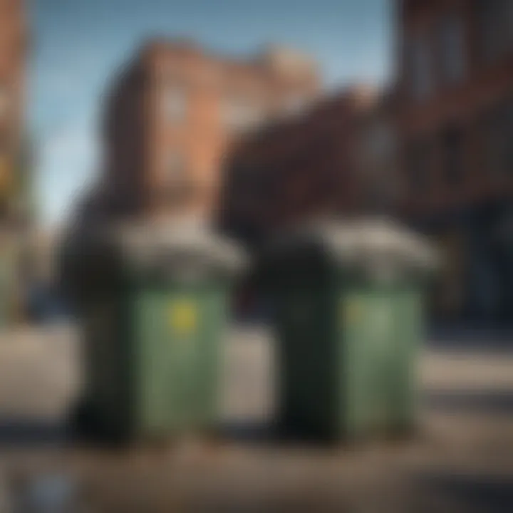 An urban environment showcasing trash bins filled with refuse attracting flies