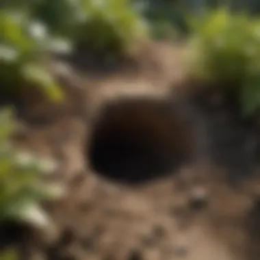 A detailed view of mole holes in a garden