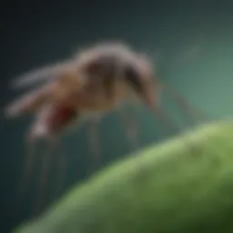 A close-up of a mosquito perched on a leaf.