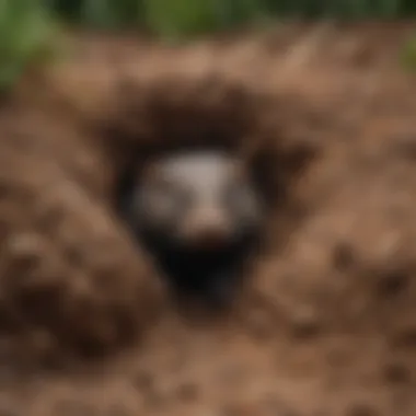 Close-up of a mole's burrow