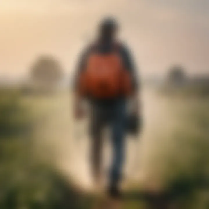 Demonstration of a backpack mist sprayer in action in a field