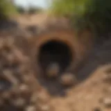 Gopher burrow entrance in a yard