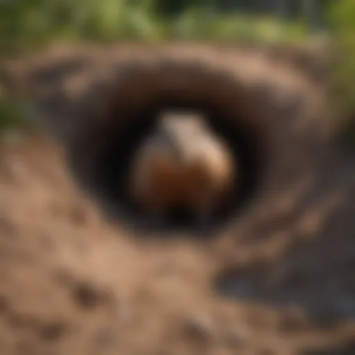 Groundhog burrow entrance in a backyard