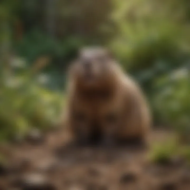 A groundhog foraging in a lush garden