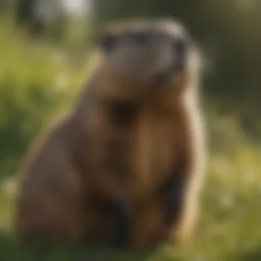 Groundhog standing alert in a grassy area