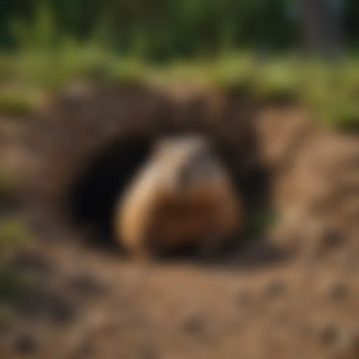 Close-up of groundhog burrow entrance in yard