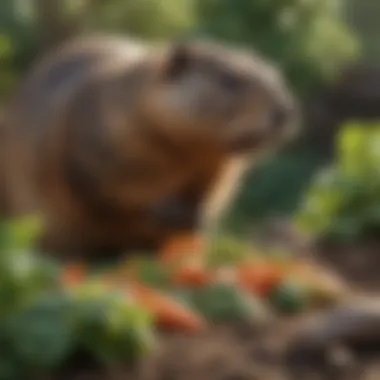 Groundhog in a garden setting munching on vegetables