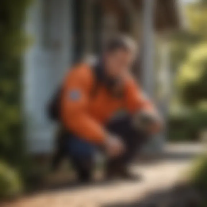 A pest control technician inspecting a residential property