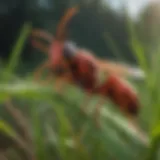 Close-up view of a red wasp on grass blades