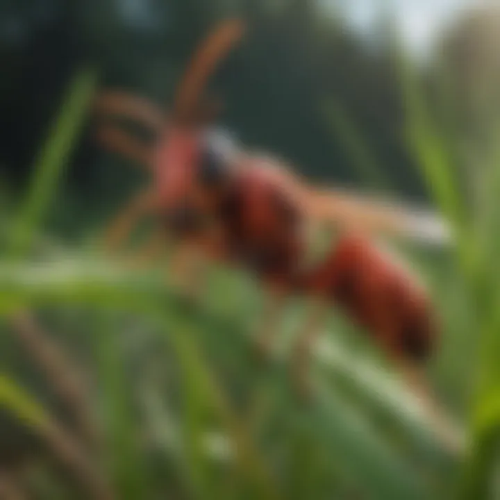 Close-up view of a red wasp on grass blades