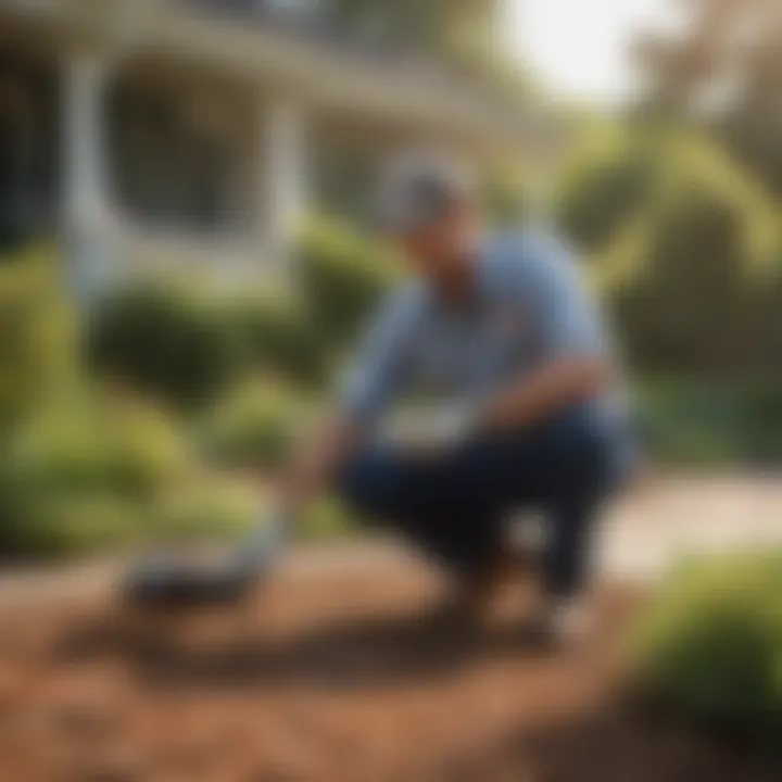 A homeowner applying DIY pest control solutions in the yard