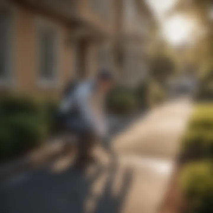 A professional pest control technician inspecting a residential area