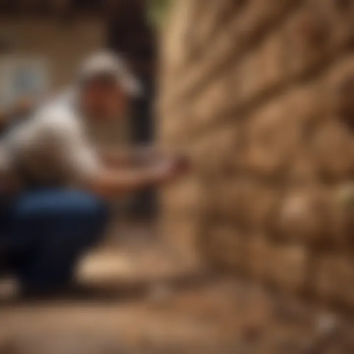 Professional pest control technician assessing a property for termites