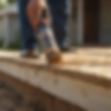 A homeowner applying termite wood spray around the foundation