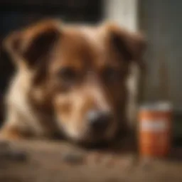 A close-up of a dog looking worried near a container of mouse poison