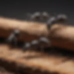 A close-up view of carpenter ant workers on a wooden surface