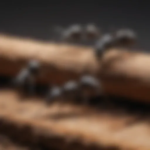 A close-up view of carpenter ant workers on a wooden surface