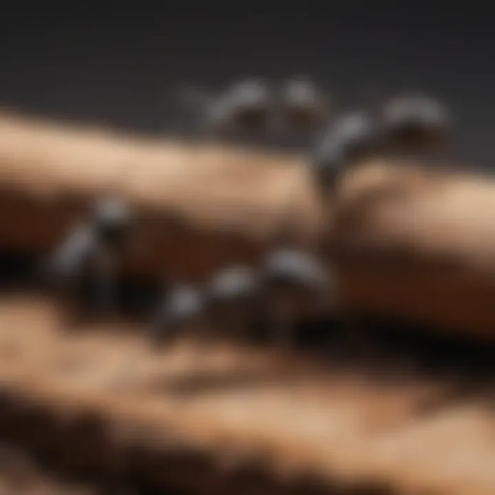 A close-up view of carpenter ant workers on a wooden surface