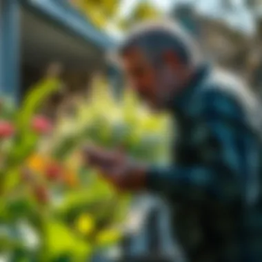 Homeowner Inspecting for Pests Homeowner inspecting a garden for pest issues.