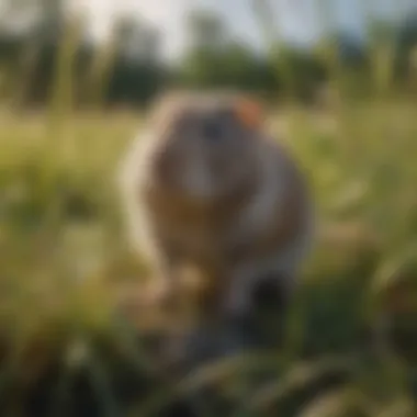 A close-up view of a vole in its natural habitat among grass