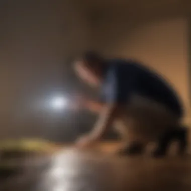 Expert Pest Inspection in Action Professional examining a property with a flashlight for pest signs