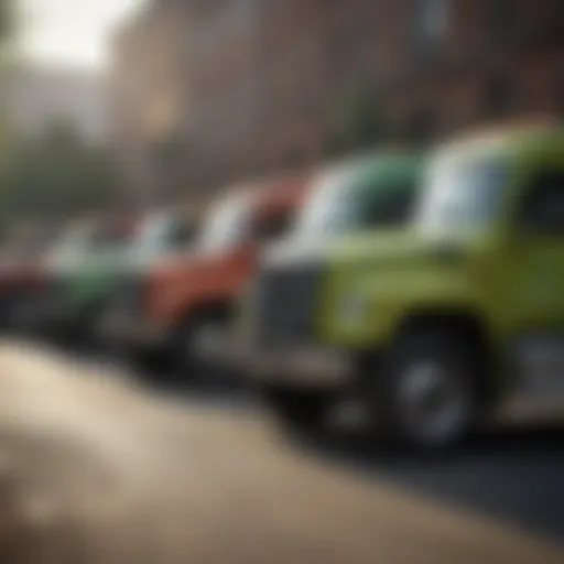 A fleet of used Terminix trucks parked showing their diverse models.