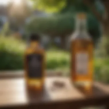 Castor oil bottle on a garden table