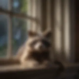 A raccoon peeking through a window